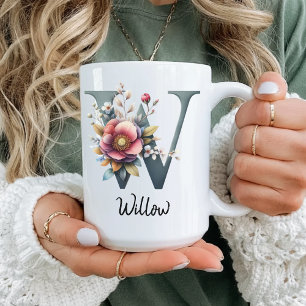 Mug à monogramme floral élégant, cadeau d'annivers