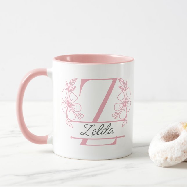 Mug à monogramme floral personnalisé avec la lettr (Avec donut)