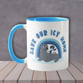 Mug A seal and a penguin "Save Our Icy World" cartoon