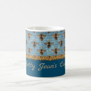 Mug Abeilles vintages sur Damas bleu avec écriture ma