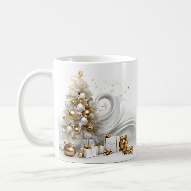 Mug Abstrait arbre de Noël blanc aux accents or (Gauche)