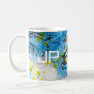 Mug Abstrait Art bleu jaune Modèle Monogramme