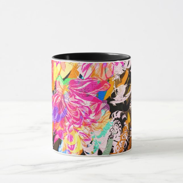 Mug Abstrait fleuri et animal motif rose noir turquois (Centre)