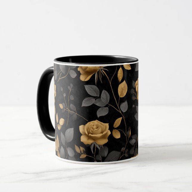 Mug Accent doré élégant Rose Motif floral noir (Devant gauche)