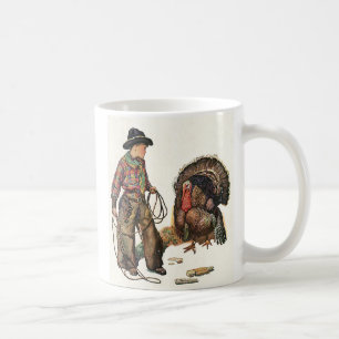 Mug Action de grâce vintage, cow-boy attrapant un dind