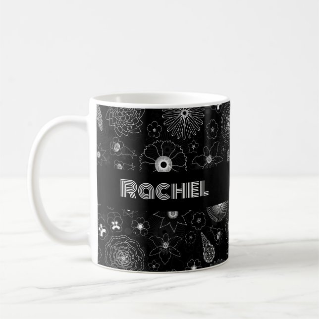 Mug Add Your Name Floral Outline Black & White Pattern (Gauche)