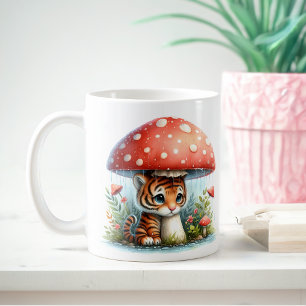 Mug Adorable Bébé Tiger Cub Sous Parapluie Champignons