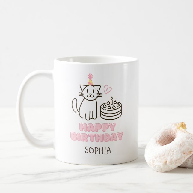 Mug Adorable Chat dans un Casquette d'anniversaire (Avec donut)