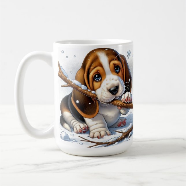 Mug Adorable Chiot tenant un bâton moelleux (Gauche)
