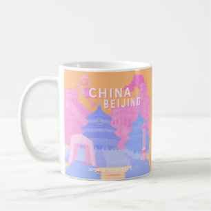 Mug Affiche de voyage à Pékin Chine Pastel rose et b