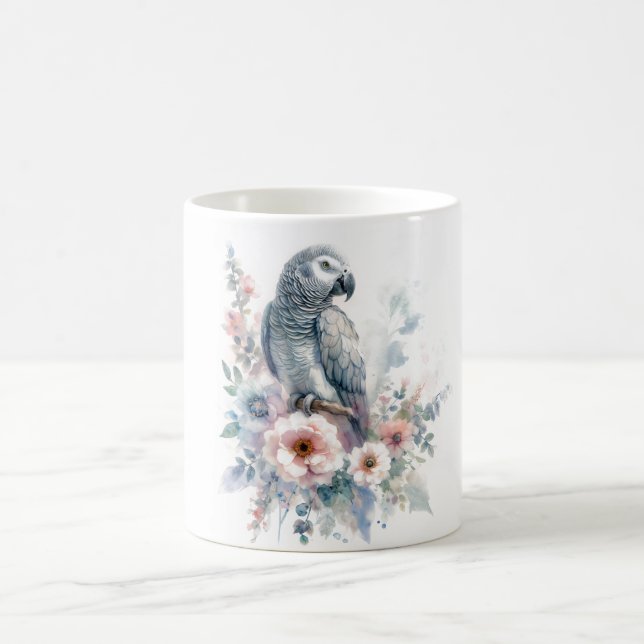 Mug African Grey Parrot Floral Watercolor (Centre)