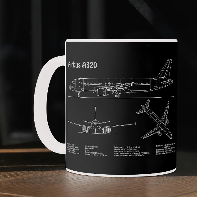 Mug Airplane Airbus A320 in Blueprint Drawing PD (Airplane Airbus A320 in Blueprint Drawing PD. Coffee Mug)