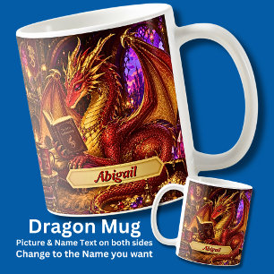 Mug Ajouter Nom, Dragon Fantastique avec Livre & Café 