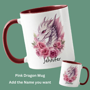Mug Ajouter un nom, Dragon rose avec fleurs