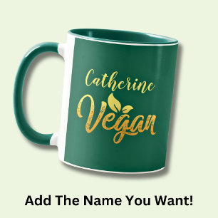 Mug Ajouter un nom, Mot Vegan Jaune Typographie Or Ver