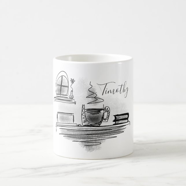 Mug Ajoutez votre nom | Dessin de café noir et blanc (Centre)