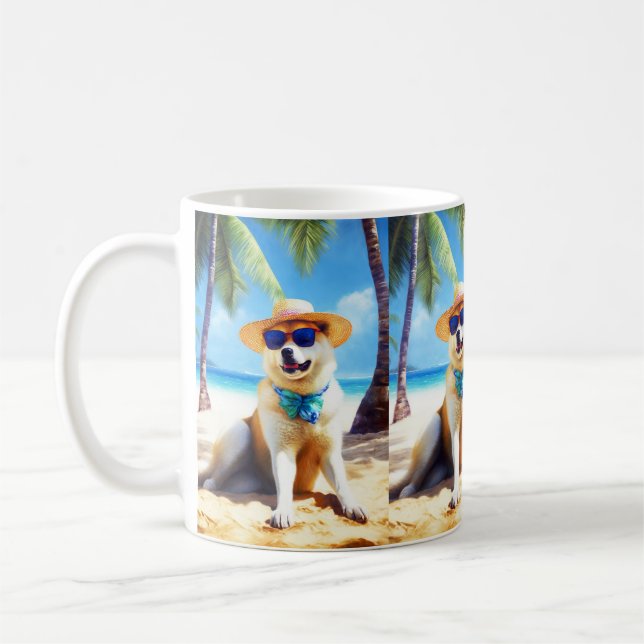 Mug Akita sur la plage, cadeau d'été pour les amoureux (Gauche)