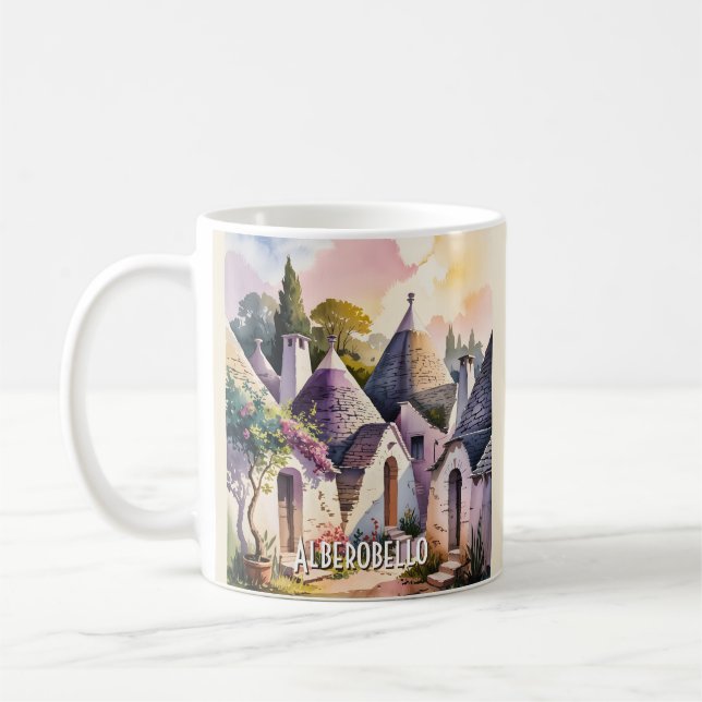 Mug Alberobello Italy Trulli Watercolor Custom Text (Gauche)
