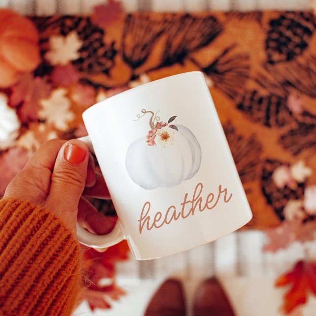 Mug AMBER Floral Blanc Citrouille Nom personnalisé Aut (Créateur téléchargé)