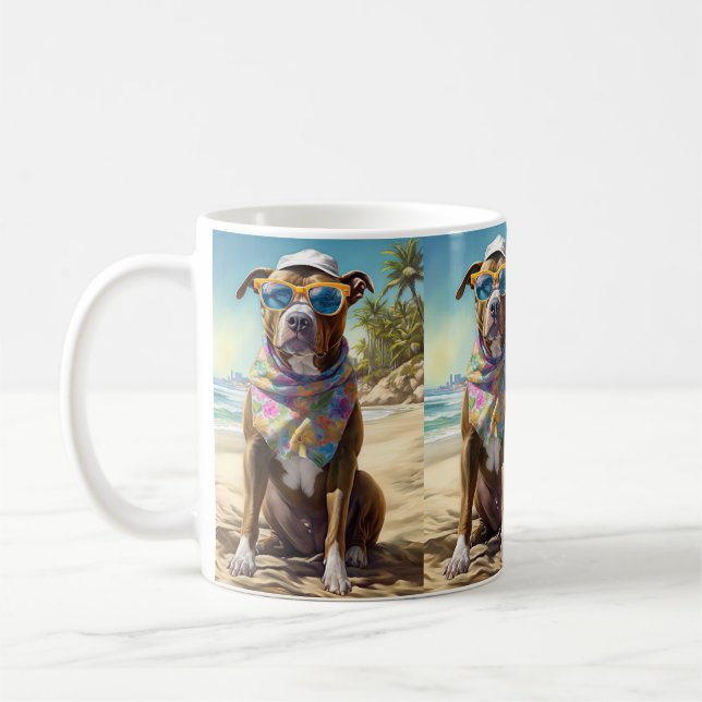 Mug American Staffordshire sur la plage, cadeau d'été (Gauche)