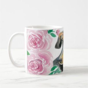 Mug Amour aquarelle d'un teckel avec des roses roses