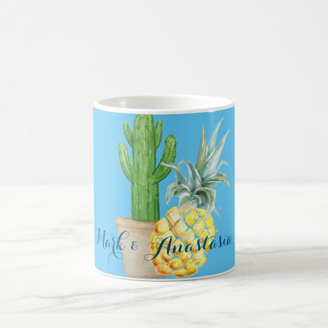 Mug Amour moderne Ananas bleu et oreiller à lancer Cac (Centre)