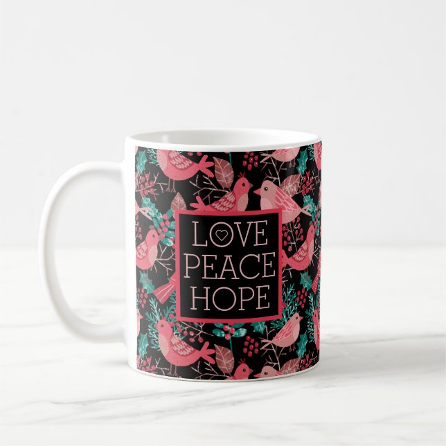 Mug Amour Paix Espoir Noël hiver Berries rouges Oiseau (Gauche)