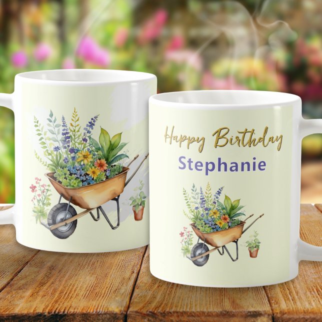 Mug Amoureux des jardins Wheelbarrow Watercolor Joyeux (A personalized mug for garden lovers, with Happy Birthday greeting and watercolor-style wheelbarrow)
