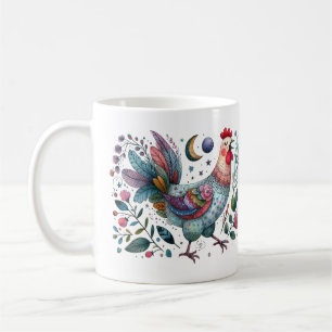 Mug Amusants style d'art populaire poulet ou coq à la 