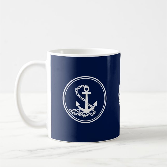Mug Ancre, Bleu Roue Du Navire Et Blanc Maritime (Gauche)