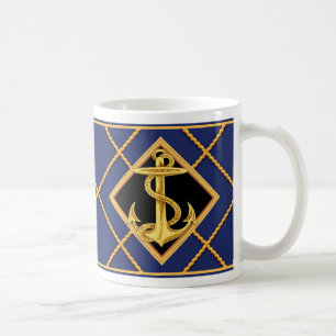 Mug Ancre d'or et corde de navire Marine Blue Nautical