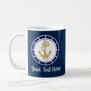 Mug Ancre dorée centrale Marine Bleu Nautique