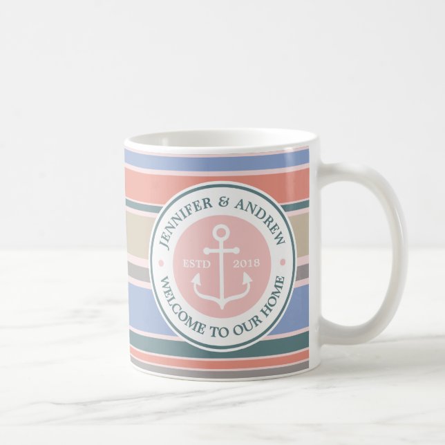 Mug Ancre Monogram Trendy Stripes Rose Nautical Plage (Droite)