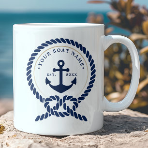 Mug Ancre Naútíque & Corde Nom du Bateau Bleu Marine &