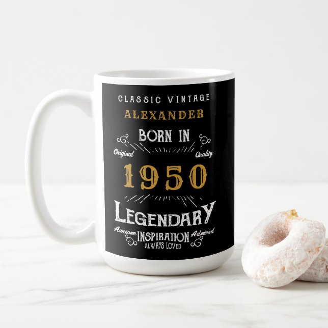 Mug Anniversaire personnalisé 1950 Légendaire Or Noir (Avec donut)