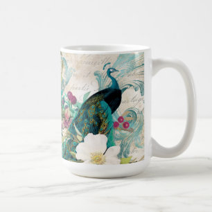 Mug Antique Peacock Illustré & Fleurs Grunge