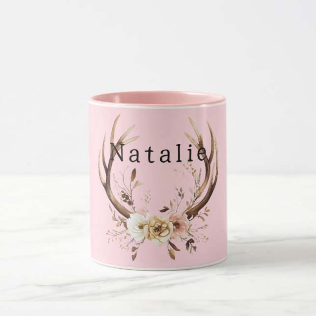 Mug Antlers de cerfs de fleurs roses Personnalisés (Centre)
