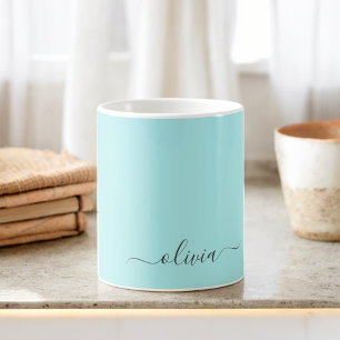 Mug Aqua Bleu Sarcelle Féminin Monogramme Nom Moderne