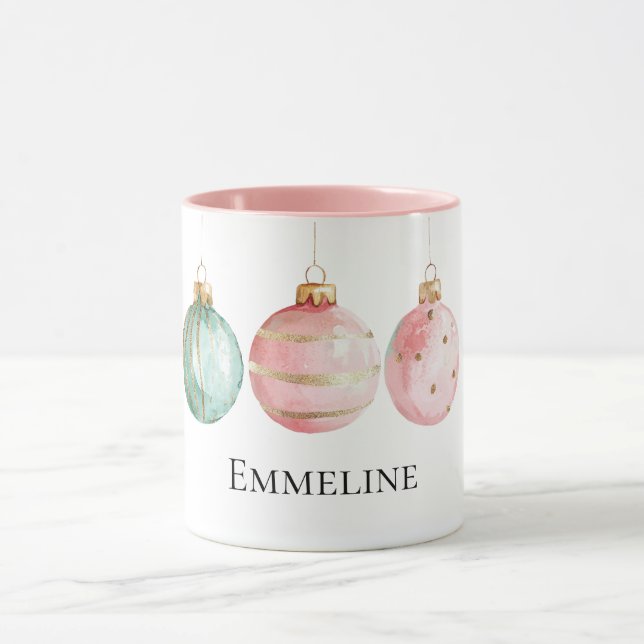 Mug Aqua Mint Pink Or Ornements de Noël Nom (Centre)