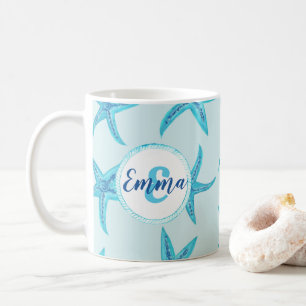 Mug Aqua-turquoise bleu étoile de mer aquarelle-monogr