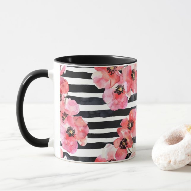 Mug Aquarelle Abstraite Florale rose et rayée noire (Avec donut)