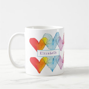 Mug Aquarelle arc-en-ciel Coeurs Monogramme peint à la