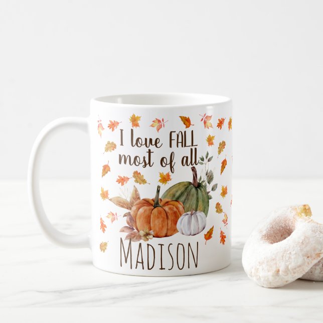 Mug Aquarelle Automne quitte Citrouilles I Love Nom de (Avec donut)