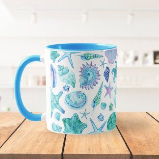 Mug Aquarelle bleu côtier Coques de mer et Starfish