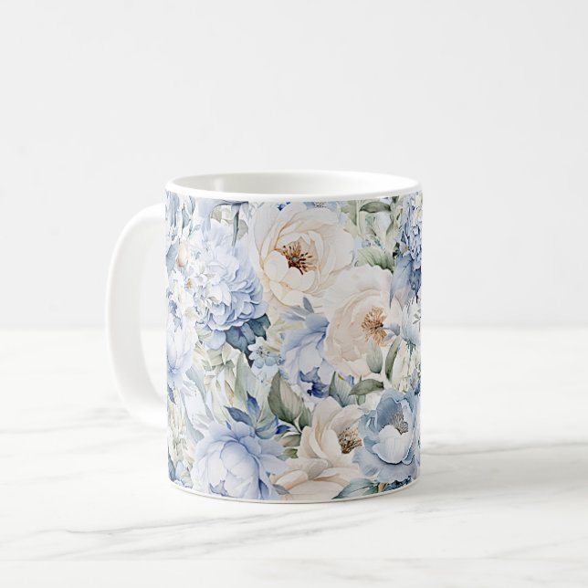 Mug Aquarelle bleu Dusty Fleurs d'ivoire Feuille Rusti (Devant gauche)