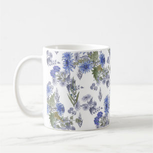Mug Aquarelle bleu fleurs roses plumes blanc