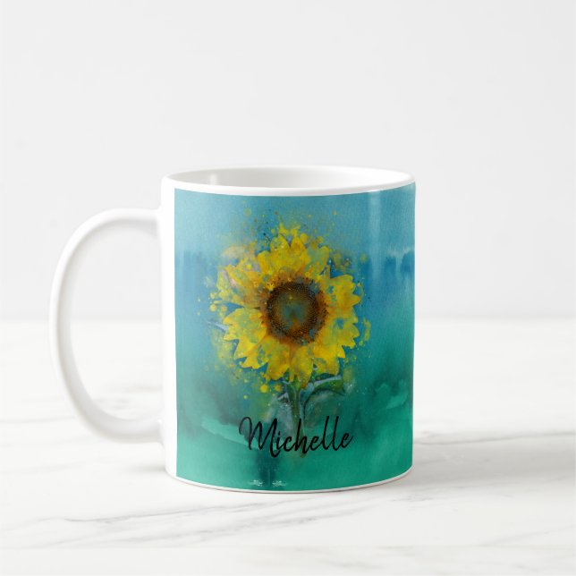 Mug Aquarelle bleue avec le tournesol (Gauche)