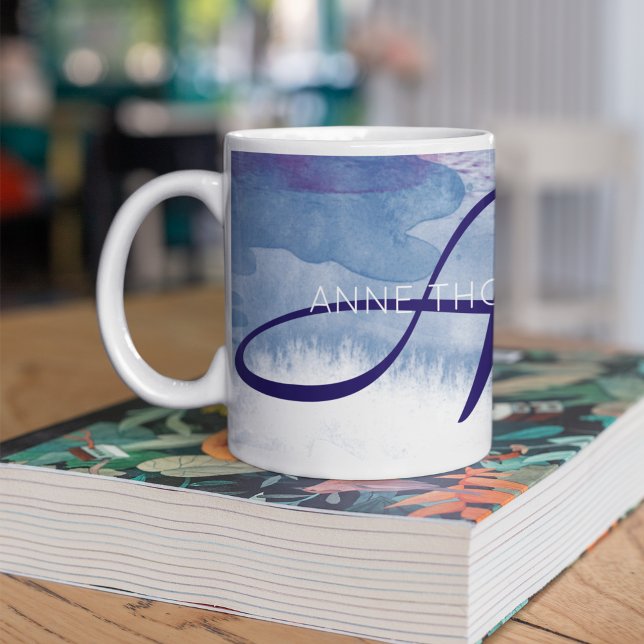 Mug Aquarelle bleue avec nom et initiale (Monogramme) (Créateur téléchargé)