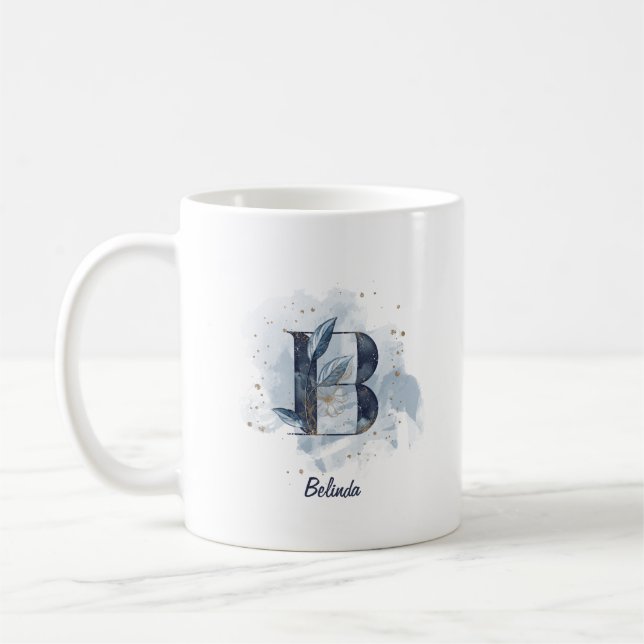 Mug Aquarelle bleue Nom personnalisé Lettre initiale B (Gauche)