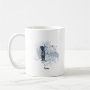 Mug Aquarelle bleue Nom personnalisé Lettre initiale F